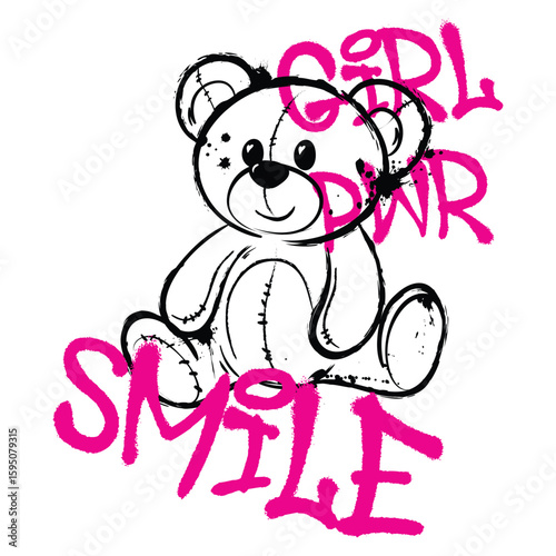 Graffiti girl power slogan and grunge smiley teddy bear vector illustration design for t-shirt print