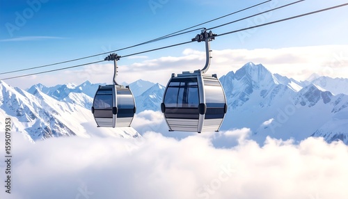 Gondola Lifts Ascending Above Snowy Mountains on a Sunny Day