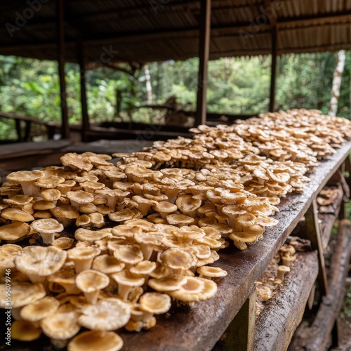 Mushroom farming in rows
