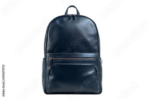 Navy blue leather backpack on black background.