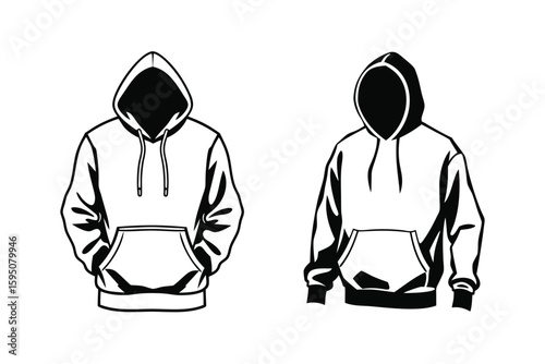 Two black and white hoodies with hoods up and empty faces displayed side by side on a white background vector illustration