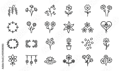 Elegant Flower Icon Collection Featuring Blossoms, Bouquets, Wreaths, Potted Plants, Petals, And Decorative Floral Elements In S (19)