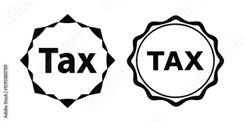 Two black and white graphic elements with the word Tax prominently displayed inside each representing fiscal concepts or labels vector illustration