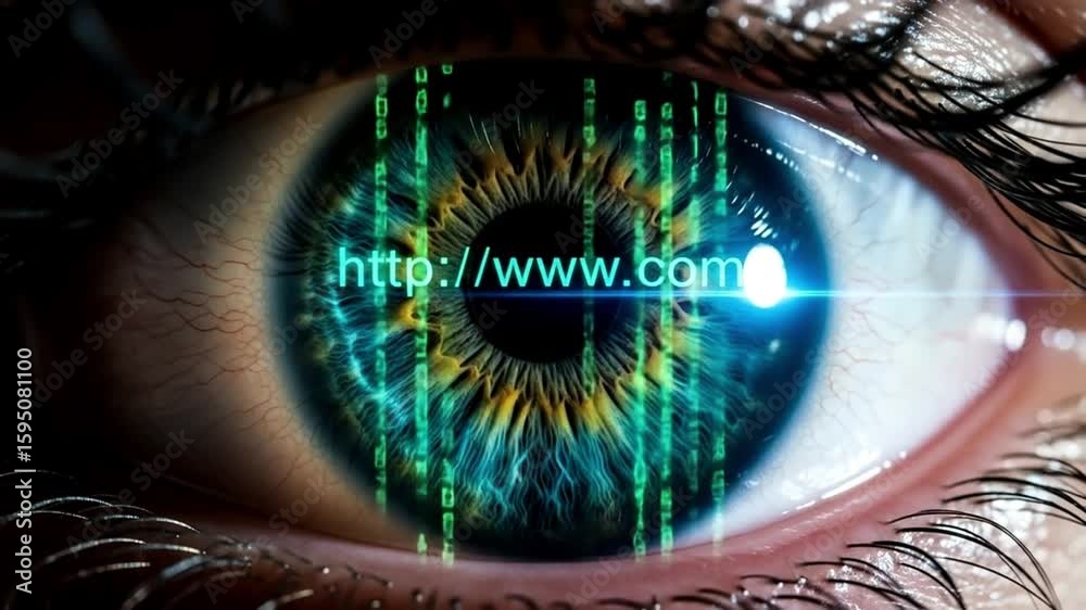 Digital Eye Sees Web Address with Falling Binary Code