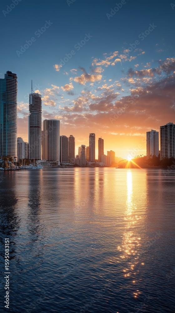 Fototapeta premium Sunset City River Wallpaper: Glittering Skyscraper Reflections under Blue Sky with White Clouds, HD Urban Background Illustration 