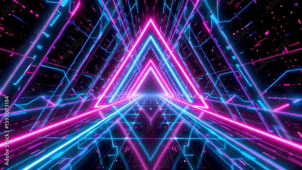 Neon glowing triangle tunnel with vibrant pink and blue lights creating futuristic digital atmosphere and dynamic light effects in digital space