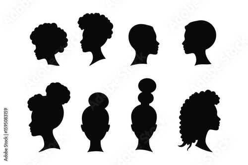 Diverse Black female hairstyles showcased in clean black silhouette profiles representing beauty and individuality vector illustration