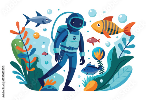 Underwater diver fish aqua hunter vector flat design illustration clipart