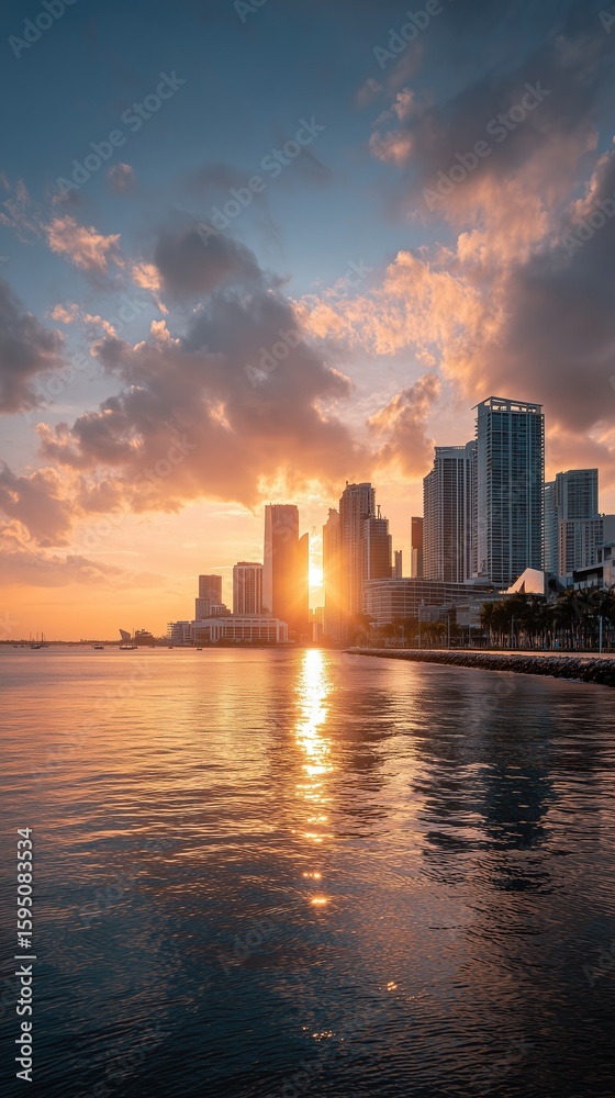 Fototapeta premium Sunset City River Wallpaper: Glittering Skyscraper Reflections under Blue Sky with White Clouds, HD Urban Background Illustration