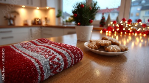 Wallpaper Mural A red and white towel is laying on a wooden table next to a plate of cookies Torontodigital.ca