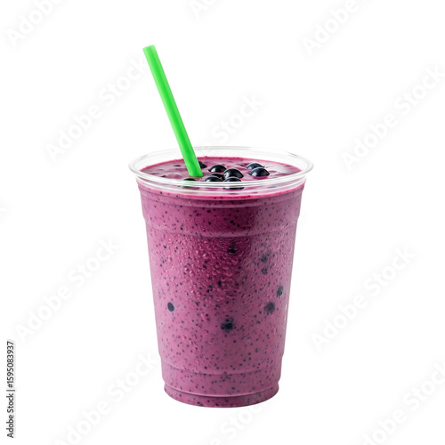 Delicious purple berry smoothie in a clear plastic cup with a green straw isolated on transparent background