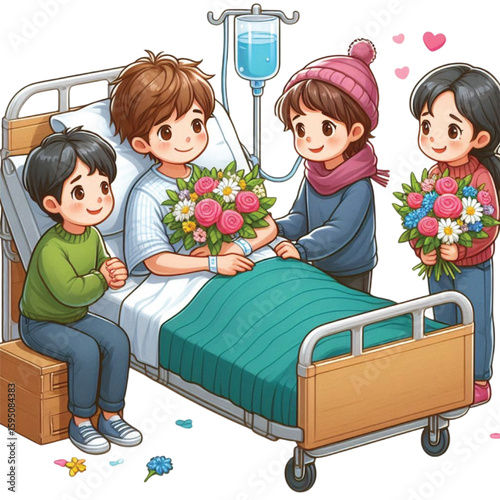 Kids Visiting Sick Friend In Hospital Bed