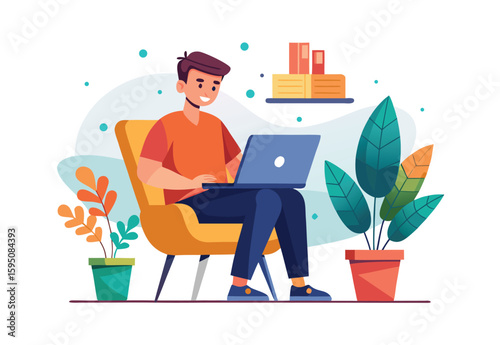 Vector illustration of man using laptop sitting on chair, flat design clipart