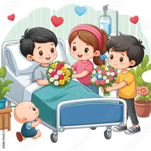 Kids Visiting Sick Friend In Hospital Bed