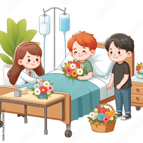 Kids Visiting Sick Friend In Hospital Bed