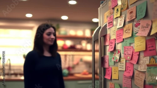 Woman kitchen fridge notes reminder blur background