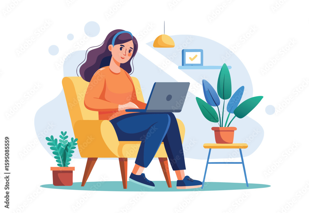 Female using laptop sitting on chair digital vector flat style illustration clipart Female using laptop sitting on chair digital vector flat style illustration clipart