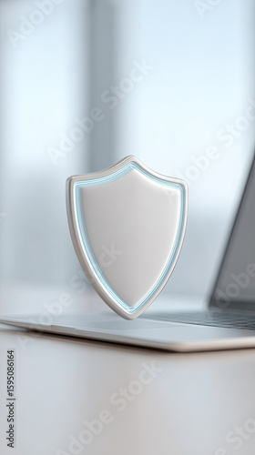 Security shield icon floating above laptop