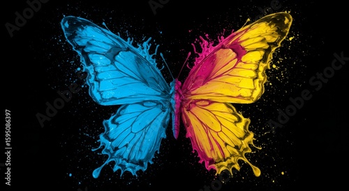 Vibrant Butterfly Formed with Blue, Pink, and Yellow Paint Splashes on Black
