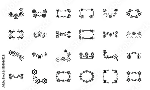 Elegant Flower Icon Collection Featuring Blossoms, Bouquets, Wreaths, Potted Plants, Petals, and Decorative Floral Elements in Silhouettes Style on White Background

