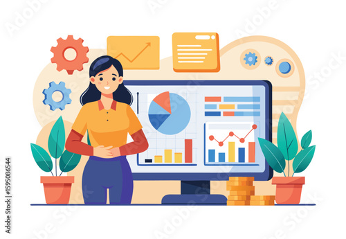 Woman Standing in Front of Computer Showing Data Graph Vector Illustration for Clipart