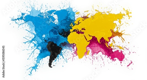 World Map Created From Colorful Paint Splashes on White