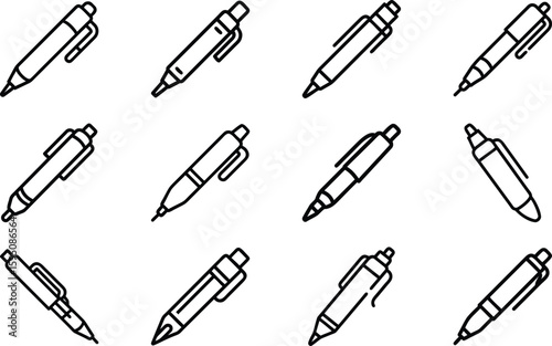 Collection of simple black line art drawings of various ballpoint pens on white