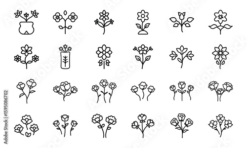Elegant Flower Icon Collection Featuring Blossoms, Bouquets, Wreaths, Potted Plants, Petals, and Decorative Floral Elements in Silhouettes Style on White Background

