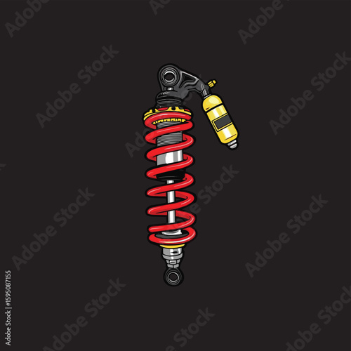 Stylized illustration of a motorcycle rear shock absorber, featuring red spring and black components.