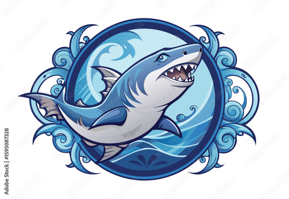 Fototapeta premium Aggressive Shark Leaping From Ocean Waves Vector Illustration for Clipart Design