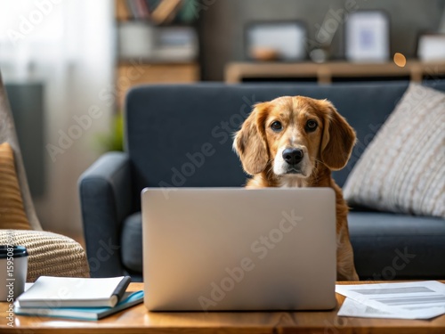 A dog is sitting behind a laptop in a cozy living room, appearing as if working or browsing.