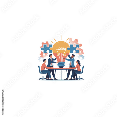 A group of people collaborating around a lightbulb puzzle illustration
