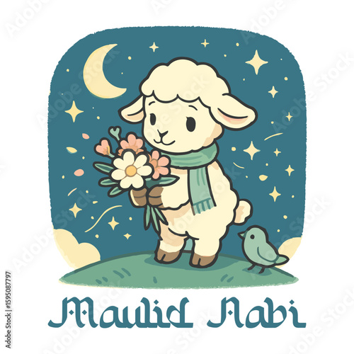 Prophet Muhammad Birthday Peaceful Sheep Carrying Flowers Under Starry Night with Gentle and Loving Spirit