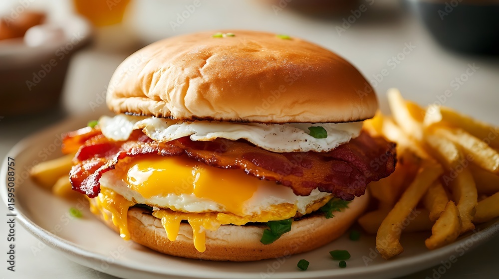 Delicious Breakfast Burger with Bacon, Egg, and Cheese Served with Fries Delicious Breakfast Burger with Bacon, Egg, and Cheese Served with Fries