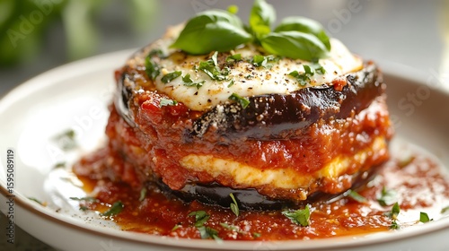 Layered Eggplant Parmesan with Fresh Basil and Melted Cheese