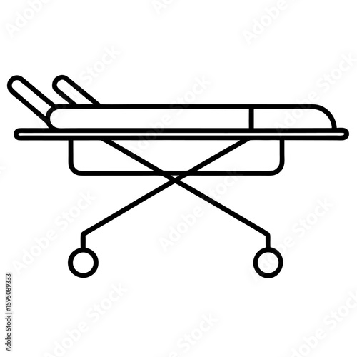 Line art drawing of a medical hospital stretcher with wheels isolated on white background
