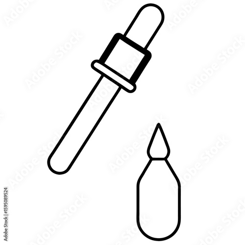 Simple line art of a medical dropper bottle with a single drop isolated on white background