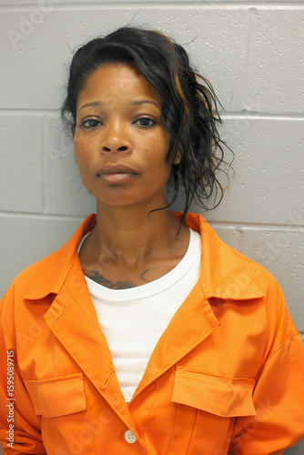 Prison Mugshot of Black Woman in Orange Jumpsuit