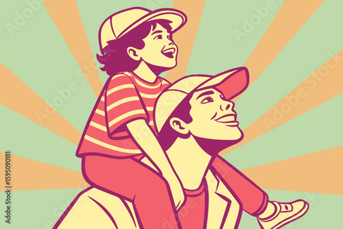 happy child on shoulders, bold outlines, saturated colors, and expressive faces, pop art style