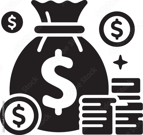 Money bag or stash of money flat icon silhouette vector