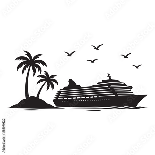 A black silhouette of a cruise ship near a tropical island with palm trees and birds flying above it