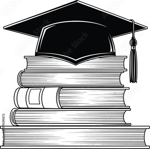Graduation cap and books vector illustration for education and academic achievement concept design