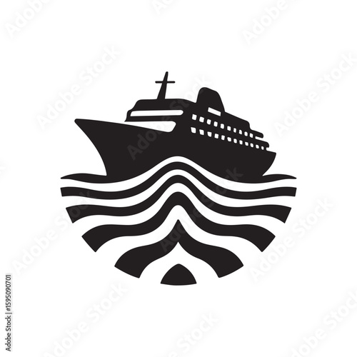 A black and white graphic of a cruise ship sailing on stylized waves in a circular arrangement