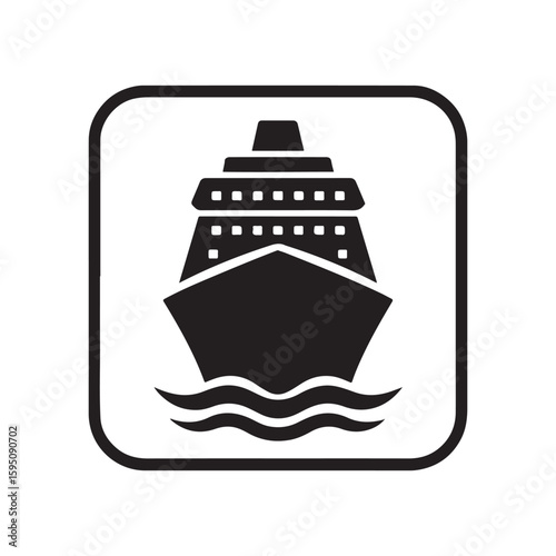A black and white icon of a cruise ship sailing on water inside a rounded square border design element