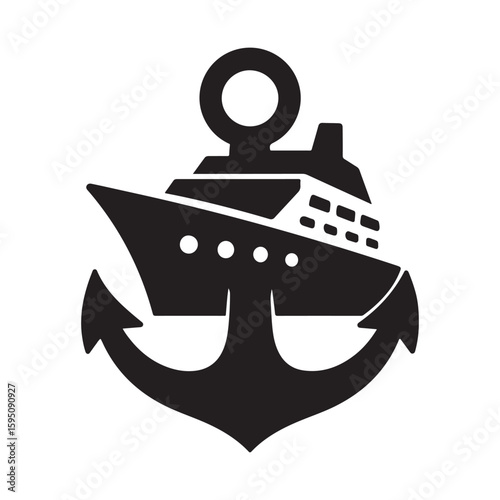 A black and white graphic of a cruise ship superimposed on top of a ship's anchor illustration