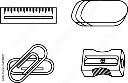 Outline stationery icons vector set ruler eraser paperclip sharpener school supplies office supplies
