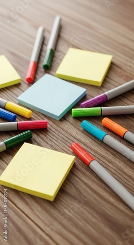Colorful Markers and Sticky Notes on Wooden Desk