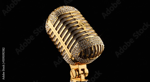 Vintage Microphone Covered in Gems on Black Background