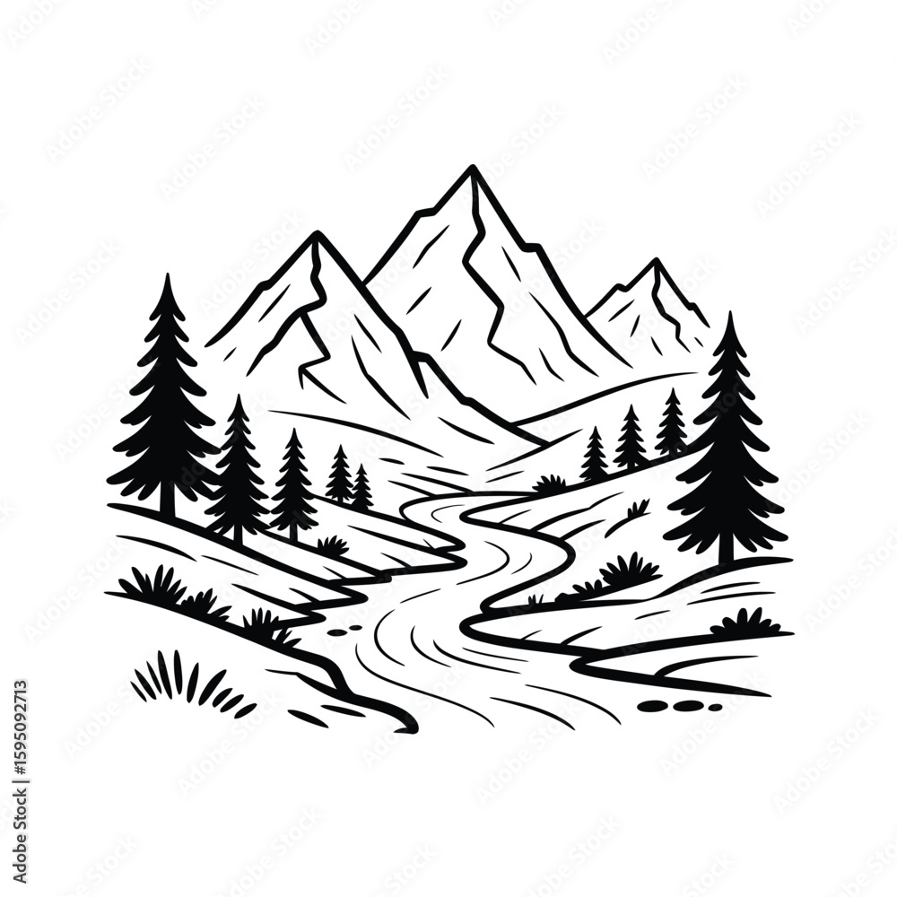 Obraz premium Hand drawn mountain landscape with winding river and pine trees