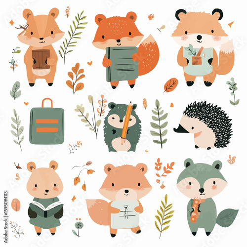Set of woodland animals holding school supplies, including foxes, squirrels, hedgehogs and bears, ideal for kids packaging, educational posters and fall nursery decor